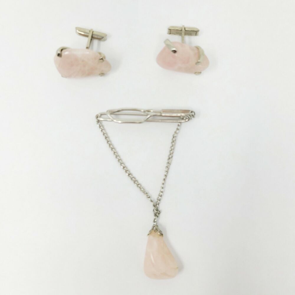 Mens Vintage Natural Pink Quartz Stone Cufflinks and Tie Bar Clip Set Jewelry